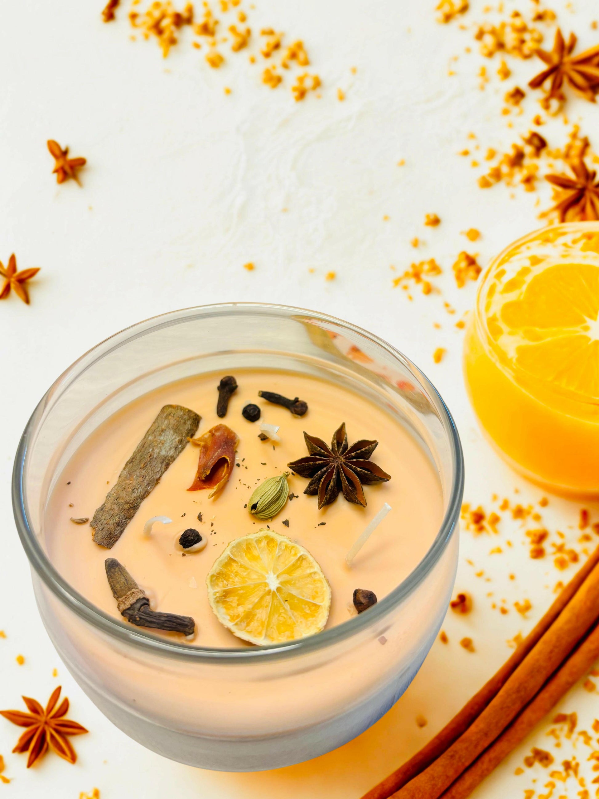 Cinnamon Spice scented candle in amber glass jar 