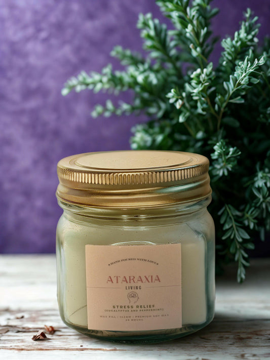 Stress Relief aromatherapy candle in spa-like setting